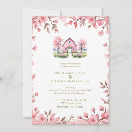 Romantic Pink Barn Rustic Landscape Floral Frame Kaart (Voorkant)