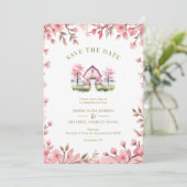  Romantic Pink Barn Rustic Landscape Floral Frame Save The Date (Staand voorkant)