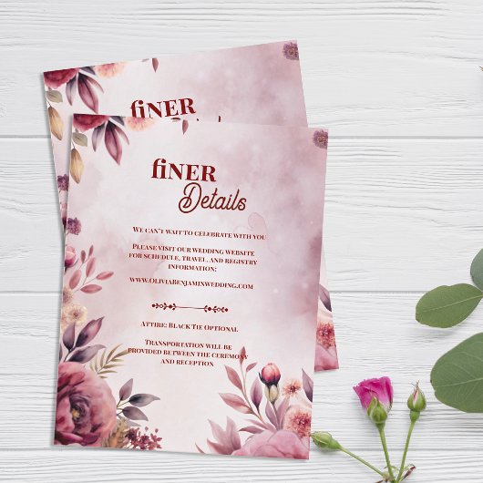 Romantic Pink Blush Floral Wedding Finer Details Informatiekaartje
