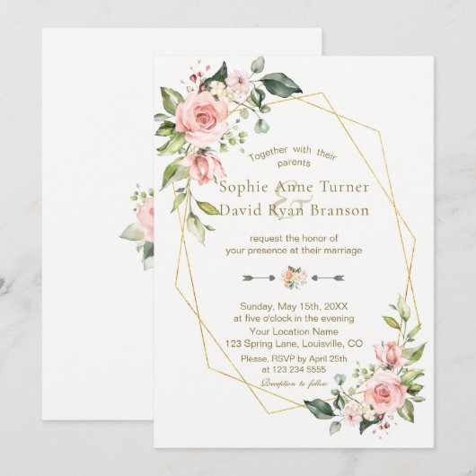 Romantic Pink Blush Flowers Gold Lijst Weddenschap Kaart (Voorkant / Achterkant)