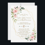 Romantic Pink Blush Flowers Gold Lijst Weddenschap Kaart<br><div class="desc">Elegant kaartontwerp met waterverf roze bloemen en groene bladeren, een faux gouden lijst, florale verdeler, op een witte achtergrond. Op de achterkant stomp bloemen bouquet. Het gebruik personaliseert hulpmiddel om uw info toe te voegen, doopvonten, de kleuren van de doopvont te veranderen. Ga naar het Collectie Waterverf Flowers Gold Lijst...</div>