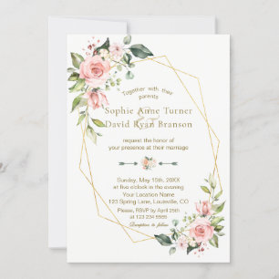 Romantic Pink Blush Flowers Gold Lijst Weddenschap Kaart