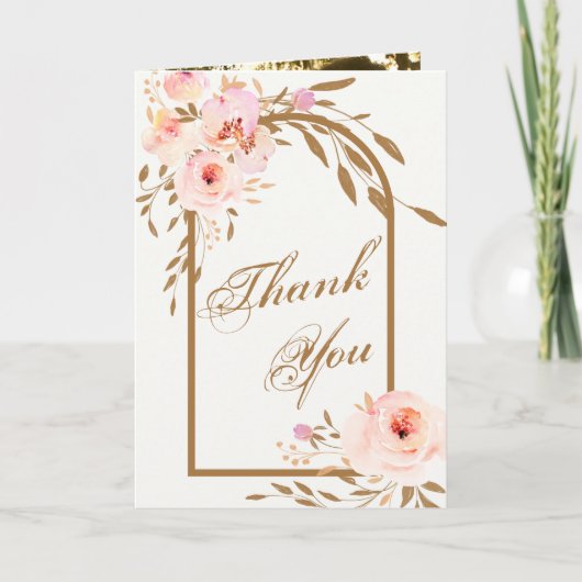 Romantic Pink Blush Gold Floral Wedding Photo Bedankkaart (Voorkant)
