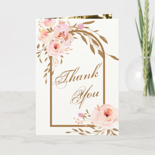 Romantic Pink Blush Gold Floral Weduwfoto Bedankkaart (Voorkant)