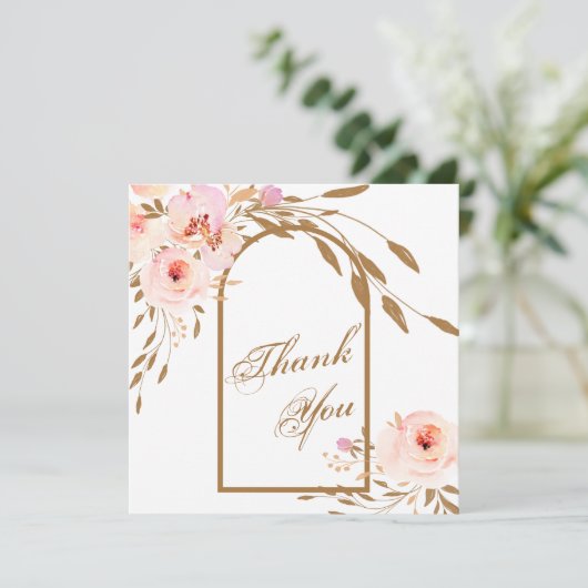 Romantic Pink Blush Gold Floral Weduwfoto Bedankkaart (Staand voorkant)