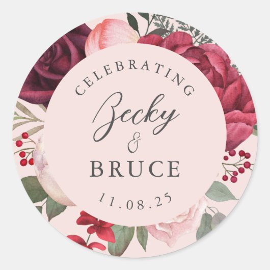 Romantic Pink Bridal Bouquet Bride & Groom Names Ronde Sticker (Voorkant)