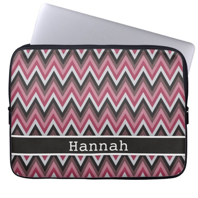 Romantic Pink Brown Chevron met naam Laptop Sleeve (Voorkant)