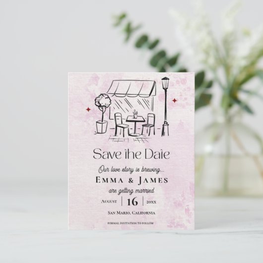 Romantic Pink Café Courtyard Wedding Save the Date (Staand voorkant)