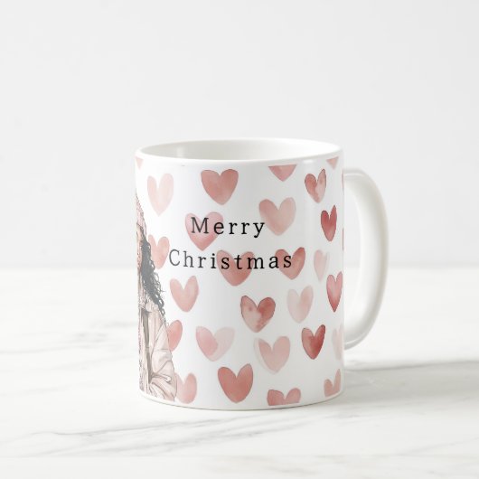 Romantic Pink Christmas Hearts Black Girl Koffiemok (Voorkant rechts)