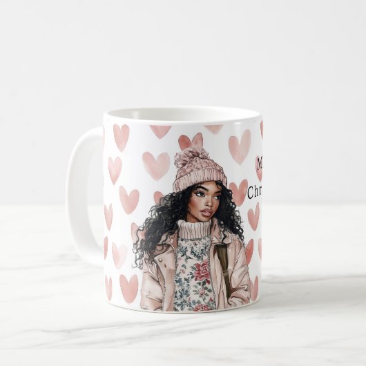 Romantic Pink Christmas Hearts Black Girl Koffiemok (Voorkant links)