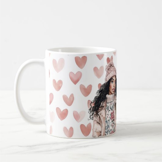 Romantic Pink Christmas Hearts Black Girl Koffiemok (Links)