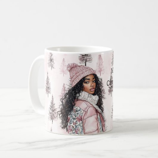 Romantic Pink Christmas Trees Black Girl Koffiemok (Voorkant links)