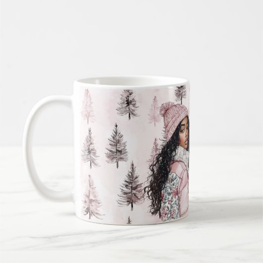 Romantic Pink Christmas Trees Black Girl Koffiemok (Links)