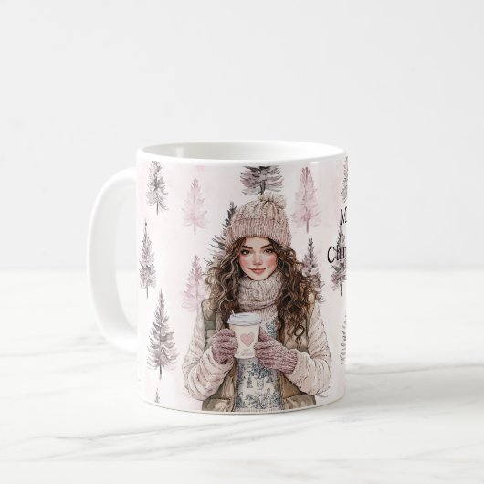 Romantic Pink Christmas Trees Girl Koffiemok (Voorkant links)