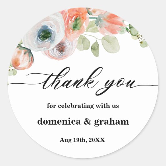 Romantic Pink Coral Floral Wedding Ronde Sticker (Voorkant)