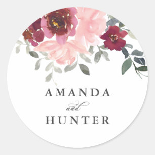 Romantic Pink en Bourgogne Floral Bride en Groom Ronde Sticker