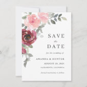 Romantic Pink en Bourgogne Floral Save the Date Kaart (Voorkant)