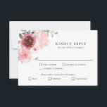 Romantic Pink en Bourgogne RSVP met Enomen Kaartje<br><div class="desc">Het Romantische en mooie RSVP-kaartenontwerp van deze bruiloft is voorzien van een waterverf bloemetjesboeket in roze, glansferige en grijnachtige kleur langs één bovenhoek. De tekst sjabloon omvat ingangen voor de maaltijdingang selecties voor uw ontvangst. Pas deze aan met uw volledige keuzes, zodat uw gasten hun keuzes kunnen aangeven. De uiteindelijke...</div>