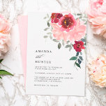 Romantic Pink en Burgundy Floral Wedding Kaart<br><div class="desc">Een romantische trouwuitnodiging met een draperende bouquet van roze en bruine waterverf roos floralen met een sluiende groenery zet de toon voor je droombruiloft. Deze moderne lay-out van de tekst - de sjabloon plaatst uw uitnodiging naast het gewone! De tekstparen die in dit ontwerp worden gebruikt kenmerken de bruid en...</div>