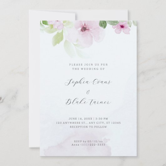 Romantic Pink en Green Floral Blue Wedding Kaart (Voorkant)