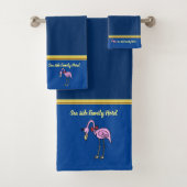 Romantic Pink Flamingos with gold stripes blue Bad Handdoek (Insitu)