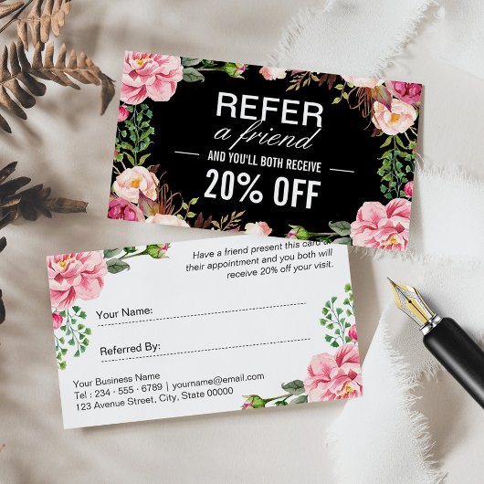 Romantic Pink Floral Beauty Salon Referral Kaart