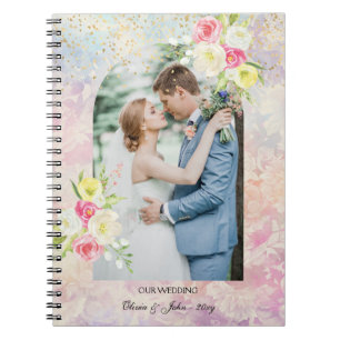 Romantic Pink Floral Boho Foto Weddenschap Notitieboek