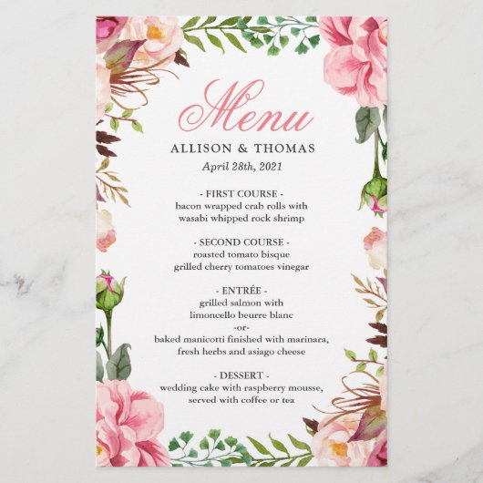 Romantic Pink Floral Border Wedding Menu Kaart (Voorkant)