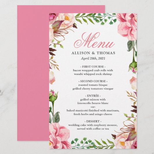 Romantic Pink Floral Border Wedding Menu Kaart (Voorkant / Achterkant)