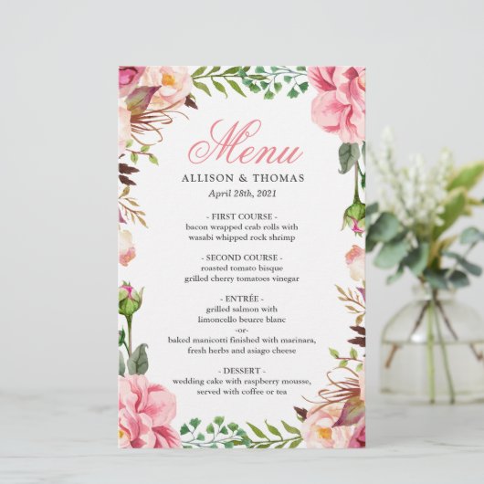 Romantic Pink Floral Border Wedding Menu Kaart (Staand voorkant)