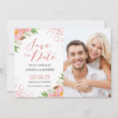 Romantic Pink Floral Confetti Photo Save the Date (Voorkant)