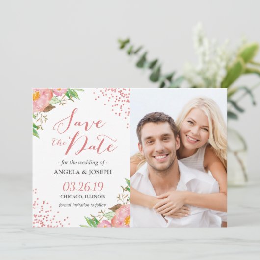 Romantic Pink Floral Confetti Photo Save the Date (Staand voorkant)