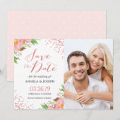 Romantic Pink Floral Confetti Photo Save the Date (Voorkant / Achterkant)