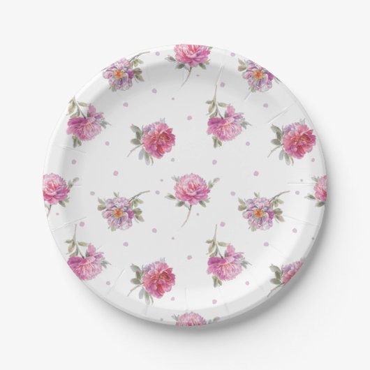 Romantic Pink Floral Dot Waterverf Patroon Papieren Bordje (Voorkant)