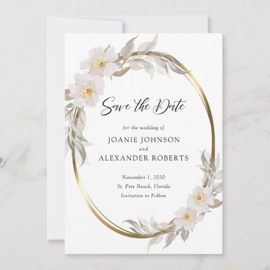 Romantic Pink Floral Elegant Foliage Gold Lijst Save The Date (Voorkant)