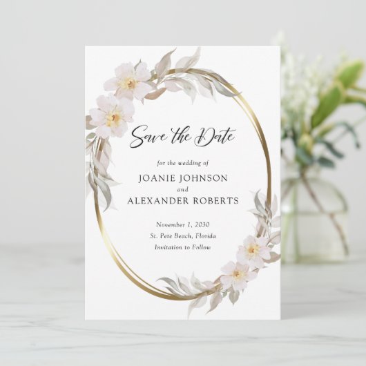 Romantic Pink Floral Elegant Foliage Gold Lijst Save The Date (Staand voorkant)