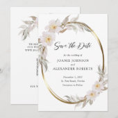 Romantic Pink Floral Elegant Foliage Gold Lijst Save The Date (Voorkant / Achterkant)