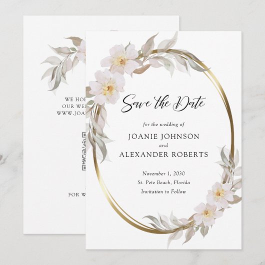 Romantic Pink Floral Elegant Foliage Gold Lijst Save The Date (Voorkant / Achterkant)