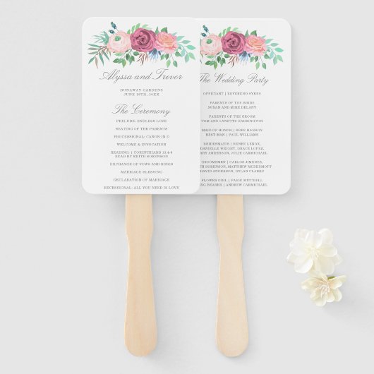 Romantic Pink Floral Garland Wedding Programme Handwaaier (Voorkant en achterkant)