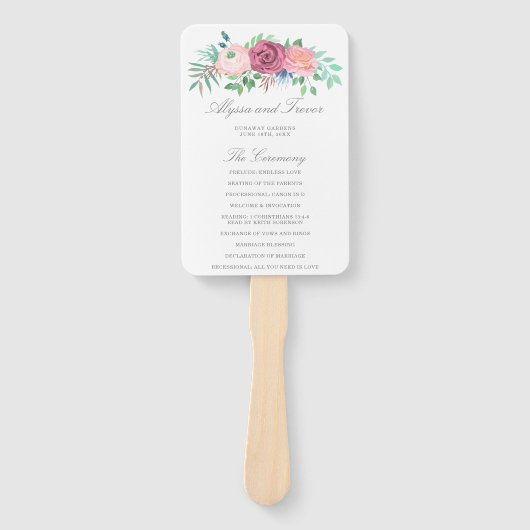 Romantic Pink Floral Garland Wedding Programme Handwaaier (Voorkant)