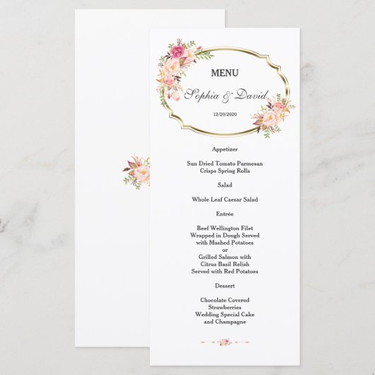 Romantic Pink Floral Gold Lijst Wedding Menu (Voorkant / Achterkant)
