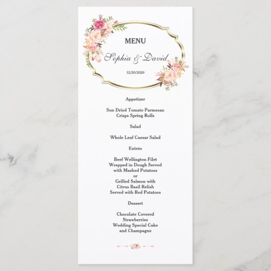 Romantic Pink Floral Gold Lijst Wedding Menu (Voorkant)