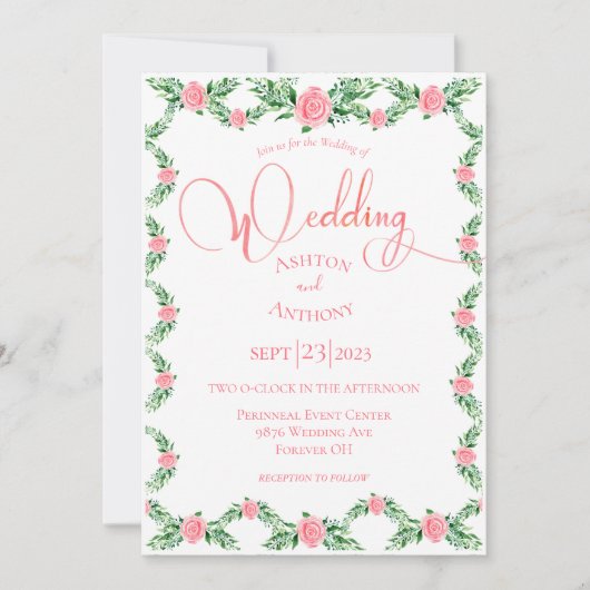 Romantic Pink Floral Greenery Typografie Weddensch Kaart (Voorkant)