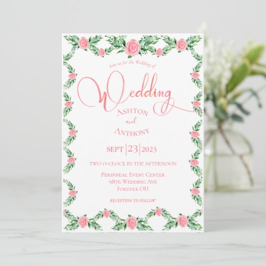 Romantic Pink Floral Greenery Typografie Weddensch Kaart (Staand voorkant)