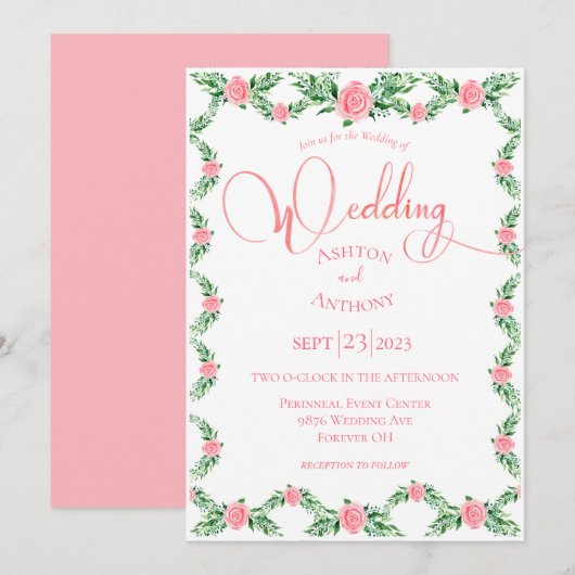 Romantic Pink Floral Greenery Typografie Weddensch Kaart (Voorkant / Achterkant)