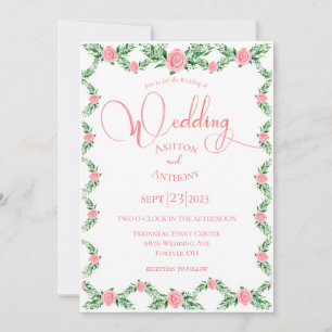 Romantic Pink Floral Greenery Typografie Weddensch Kaart