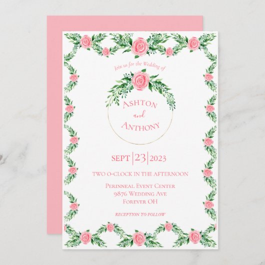 Romantic Pink Floral Greenery Typografie Weddensch Kaart (Voorkant / Achterkant)