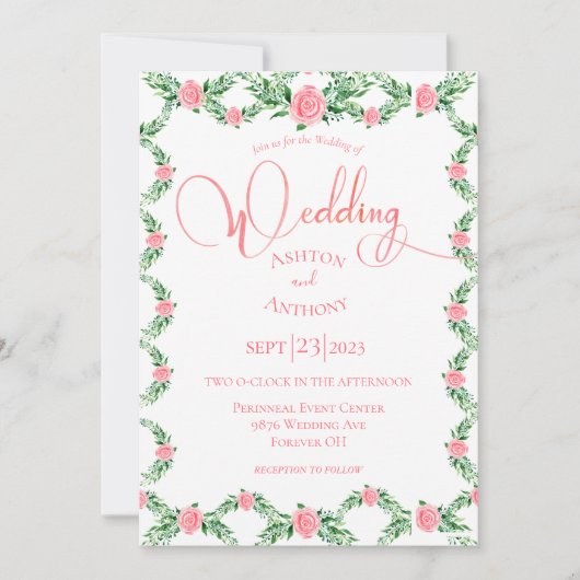 Romantic Pink Floral Greenery Typografie Weddensch Kaart (Voorkant)