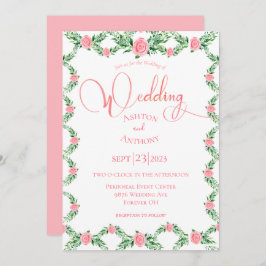 Romantic Pink Floral Greenery Typografie Weddensch Kaart