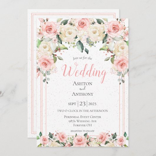 Romantic Pink Floral Greenery Typography Wedding Kaart (Voorkant / Achterkant)